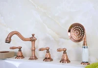 antique red copper brass three levers handles deck mounted 5 holes bathroom tub faucet mixer tap with handshower mtf229