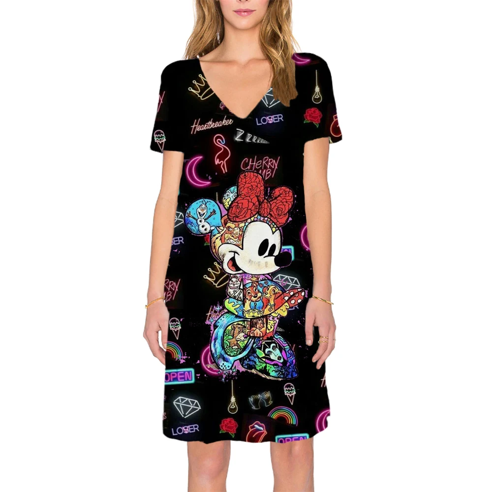 

Summer Fashion Women's A Line Dress V Neck Short Sleeves New Dress Disney-Mickey Print Knee Length Loosen Basic Female Dress