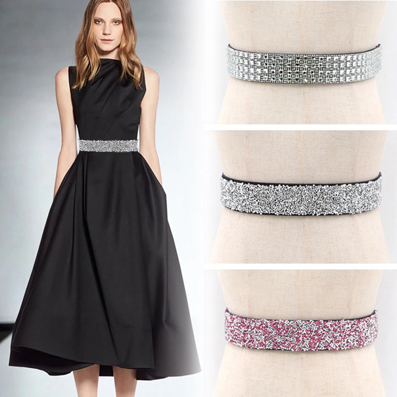 2023 Women Fashion Shiny Belt Waist Chain Rhinestones Crystal Waistband Metal Button Elastic Band Luxury Wide Party Belt