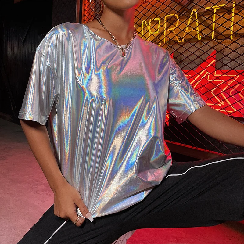 

Summer Plus Size Korean Glossy Silver T-shirt Women Hip Hop Reflective Sequin Oversized Men T-shirt Dropshipping