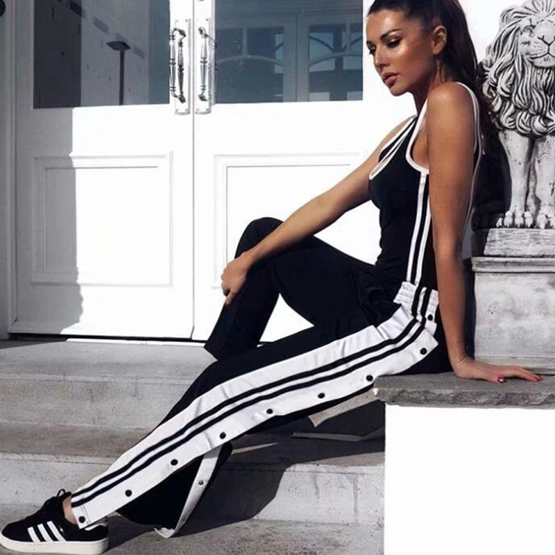 

Deeptown Casual Sweat Pants Women Wide Leg Pants Summer Joggers Women Fashion Black Streetwear Women Sweatpants Striped Button