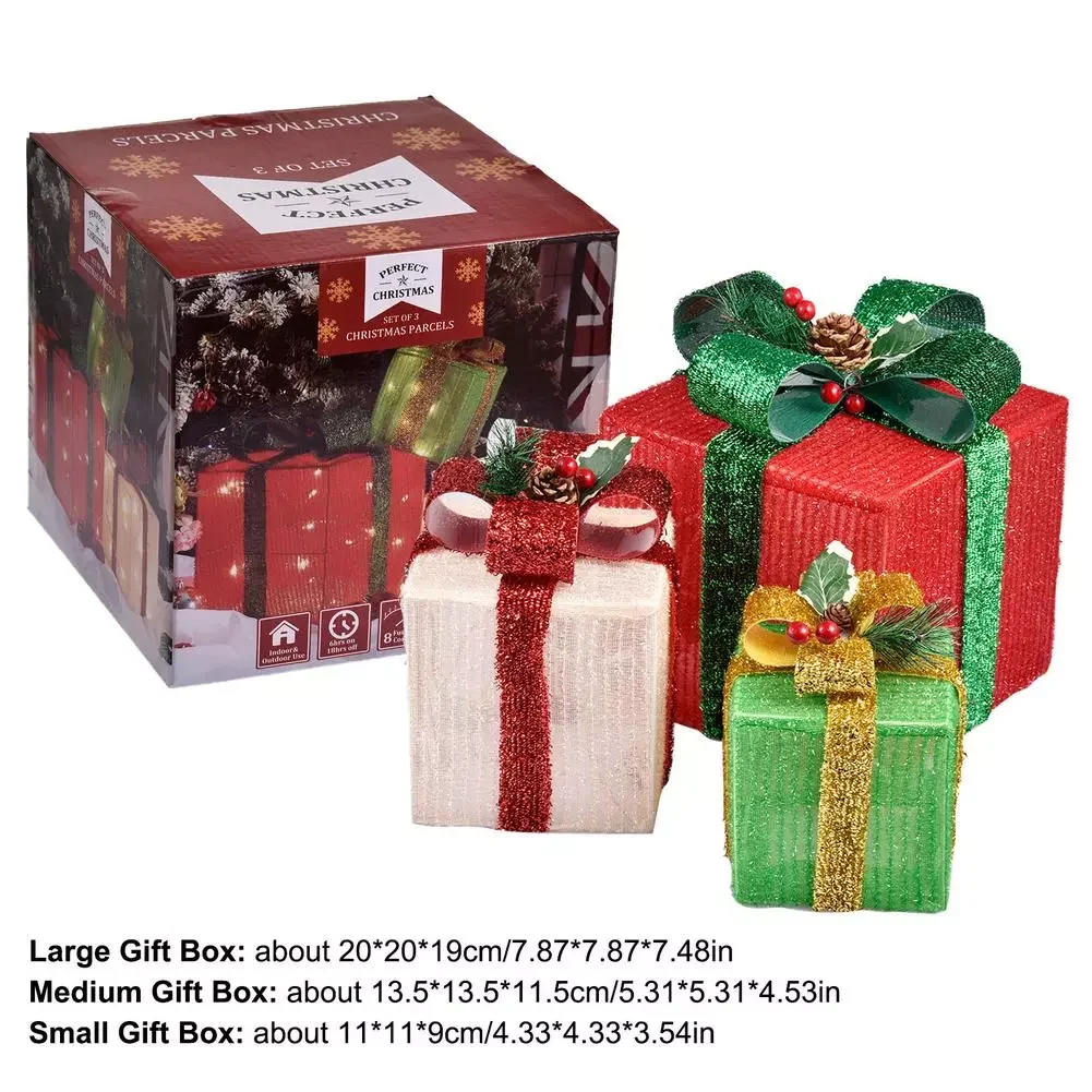 

3-piece Christmas Lighting Gift Box Snow Gift Box With Bow For Christmas Tree Garden Home Indoor And Outdoor Decorations