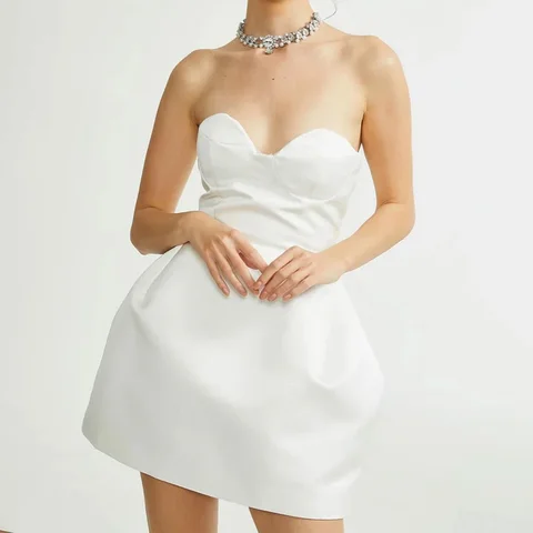 Мини свадебные коктейльные платья, белые атласные трапециевидные Свадебные платья с открытой спиной, без рукавов, простое вечернее платье