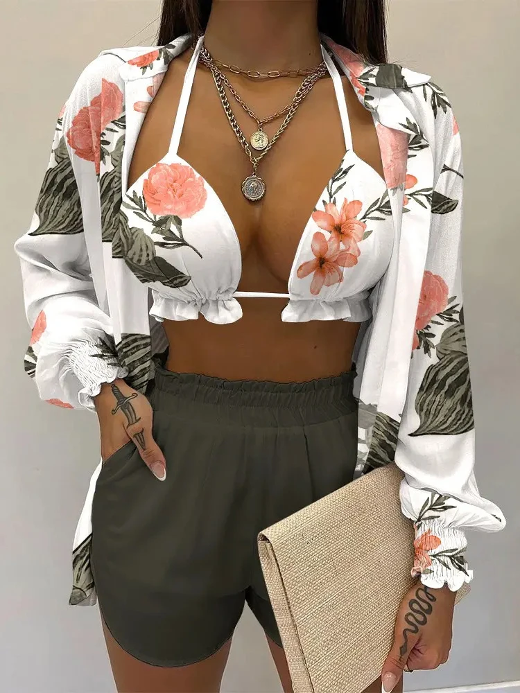 

Women Tank Tops Coats And Shorts Three Piece Set Casual Beach Colorful Matching Suit Female Summer Loose Shorts Dropshipping Set