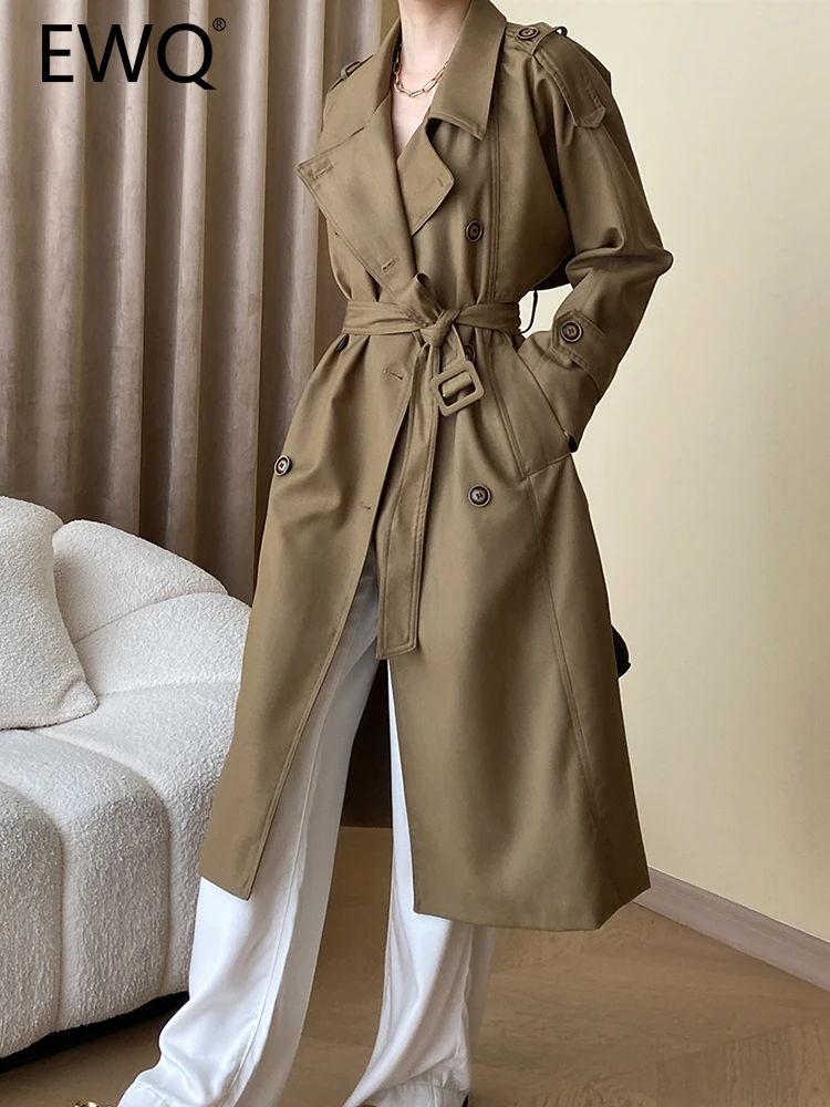 

EW Elegant Gathered Waist Trench For Women Lapel Double Breasted High End Female Windbreak Outwear 2023 Autumn New 26D5564