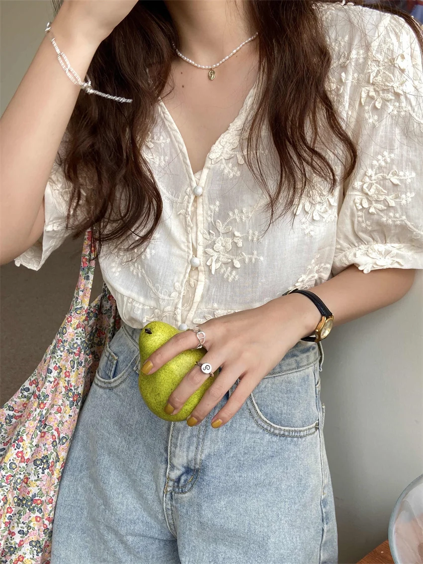 Женская рубашка с цветочной вышивкой свободная повседневная офисная V-образным