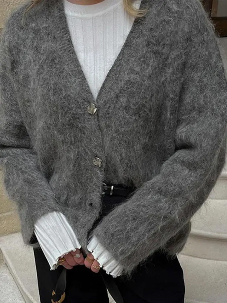 Casual Knitted Solid V-neck Cardigan Women Retro Loose Plush Single Breasted Sweaters Female Autumn Winter Elegant Knitwear