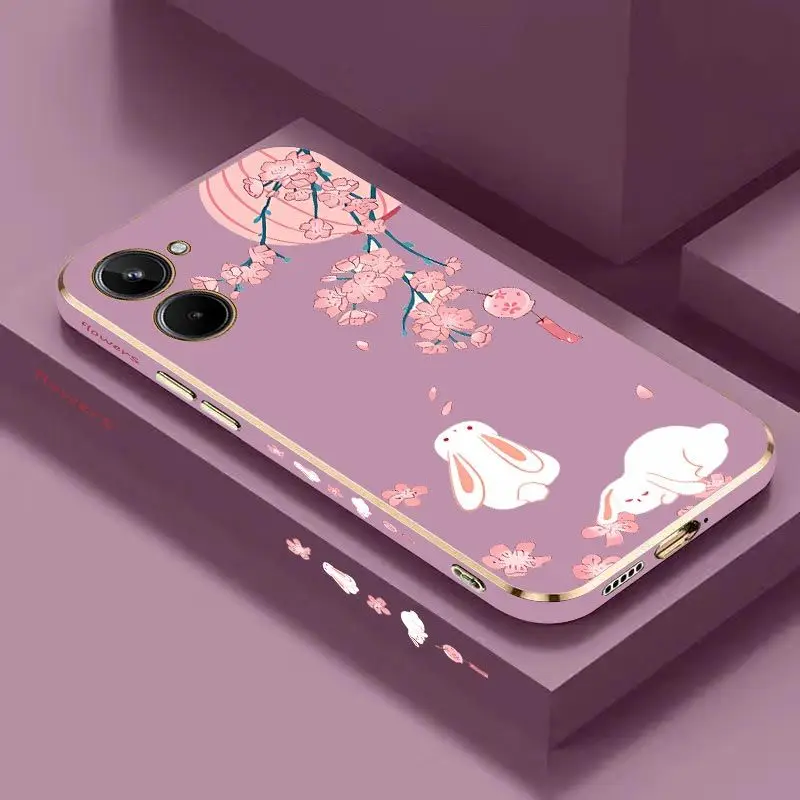 

Peach Bunny Luxury Plating Phone Case For OPPO Realme 10 9 9i 8 8i 7 7i 6 Pro Plus C30 C31 C35 C20 C21Y C25 C25S Cover