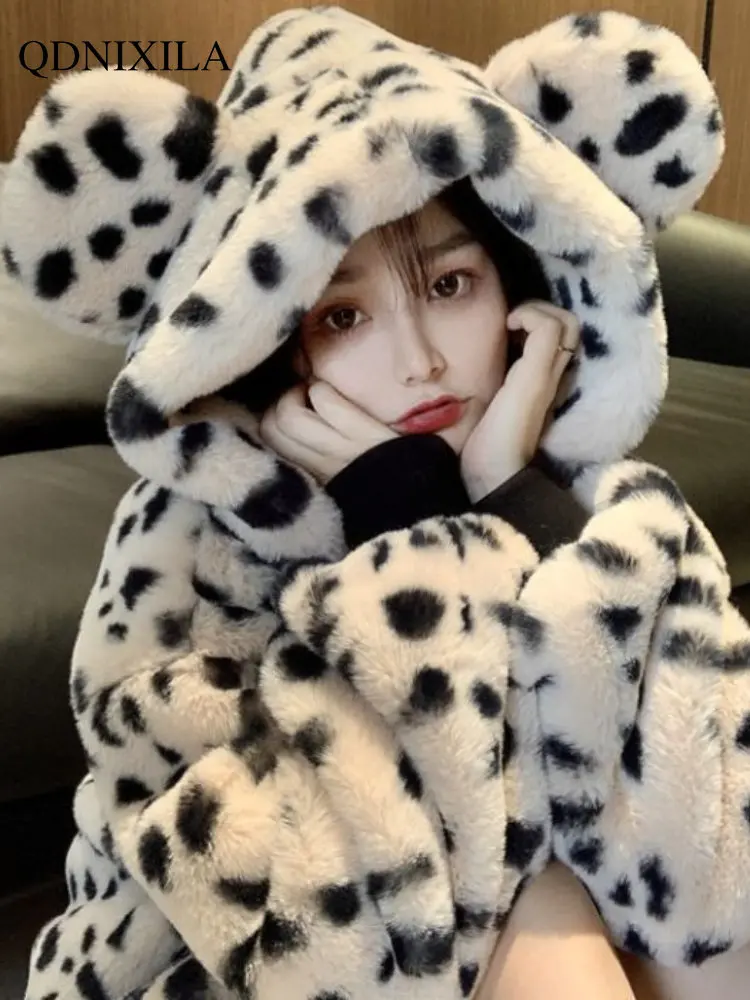 Faux Fur Coat Winter Coat for Women Imitation Rabbit Fur Leopard Pattern Spot Hooded Thickened Bear Ears Cute Jackets Top Women