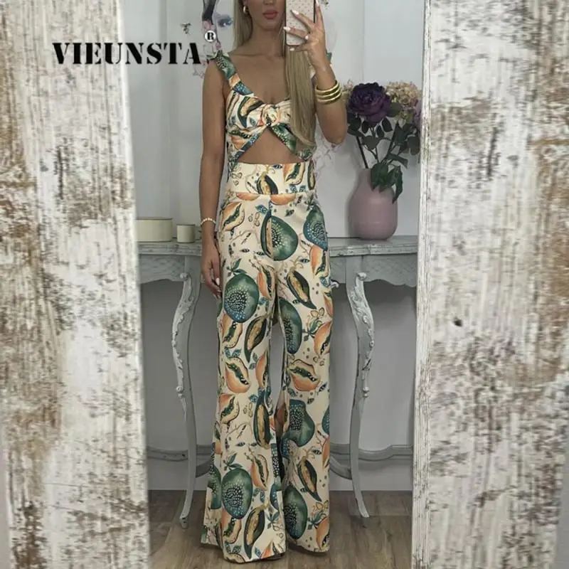 

Chic Hollow Out V-Neck Strap Crop Top High Waist Straight Pants Suit 2023 Fashion Lady High Streetwear Women Print Two-piece Set