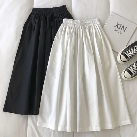 2023 Spring Summer Women Skirts Fashion Female Vintage Solid Elastic High Waist Casual Maxi Skirts Long A-line Skirts