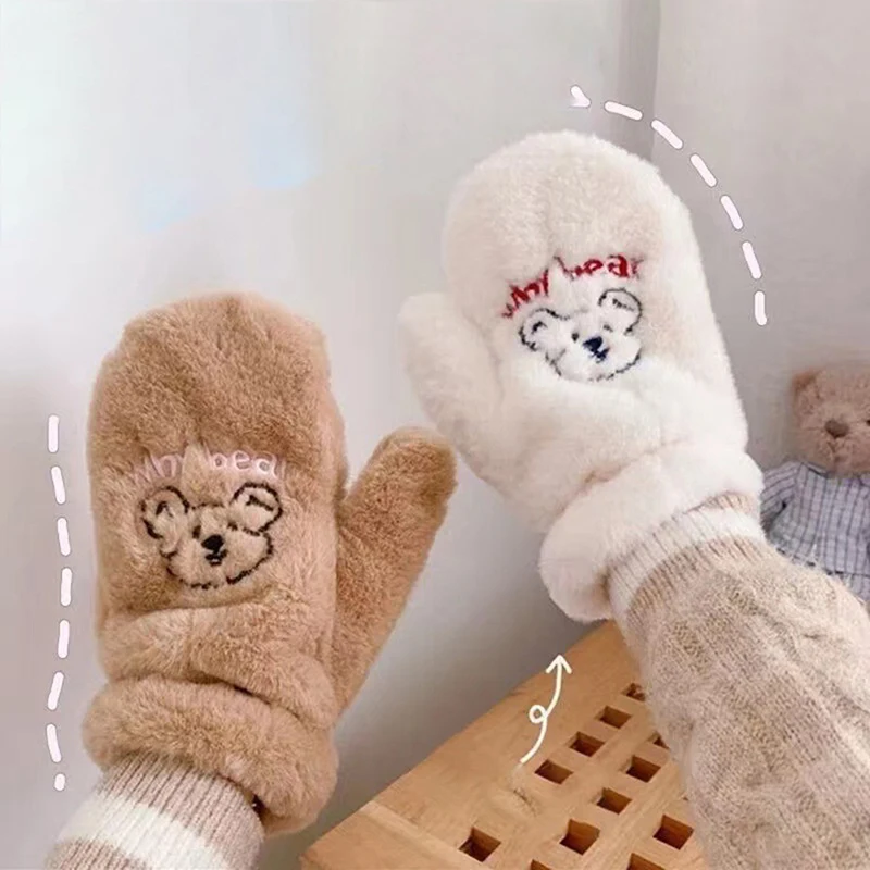 

1Pair Of Bear Embroidery Plush Mittens Soft Warm Thicken Gloves Outdoor Windproof Hand Guards Christmas Winter Warmer Gifts