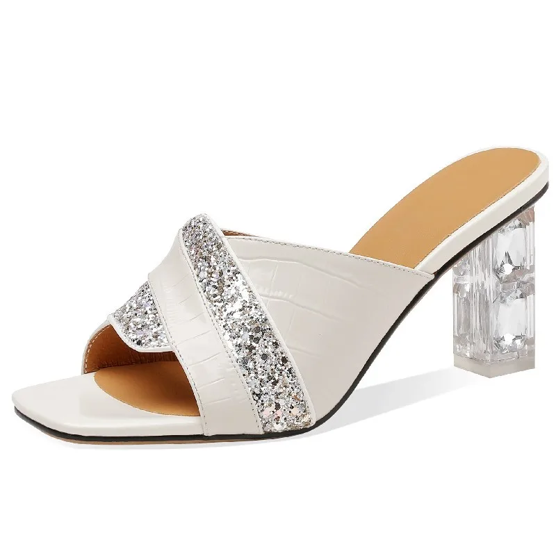 

Dilalula новые женские сандалии зрелые элегантные модные блестящие Шлепанцы из натуральной кожи обувь на высоком каблуке со стразами для сваде...