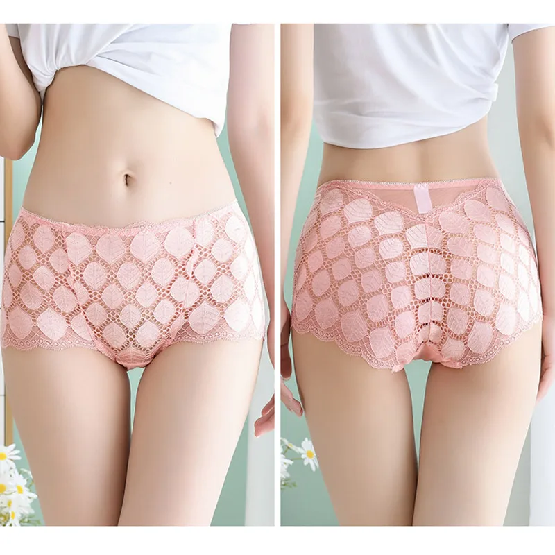 

Сексуальные женские кружевные трусики с листьями, нижнее белье, кружевные трусики, M, L, XL, прозрачное мягкое нижнее белье с цветочным бантом, трусики со средней талией