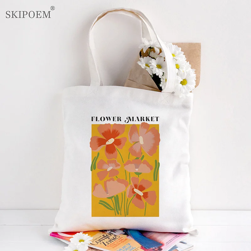 

Tote Canvas Bag Shopper Bags Messenger White Beach Handbags Women Flower aesthetic kawaii Cartoon vintage cute Teacher Gift