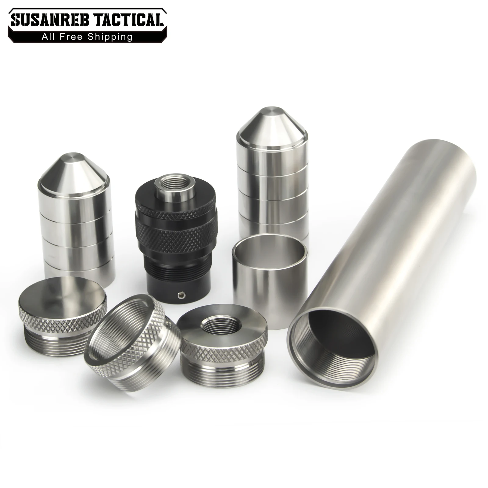 

1.45"OD 7"L Titanium Solvent Tube Fuel Filter 9x CNC SS Cups 5/8x24Cap+1-3/16x24 Adapter+1/2x28,.578x28,13.5x1LH,9/16x24 Booster
