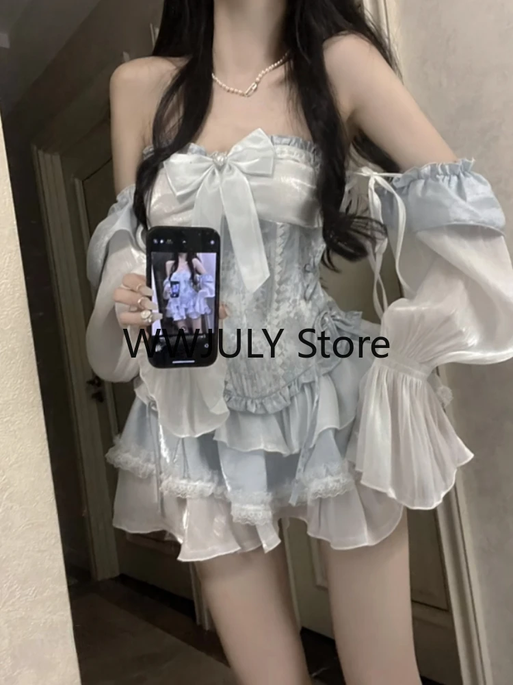 Женский костюм-двойка в японском стиле облегающий синий жилет и мини-юбка Y2k