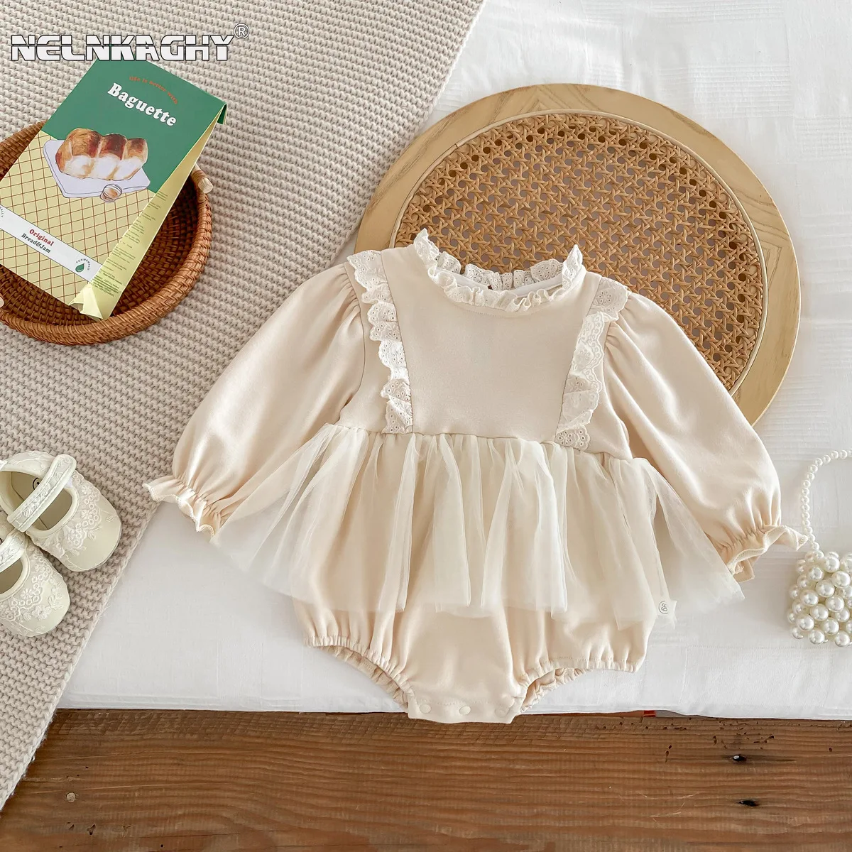 

2023 Autumn New in Kids Baby Girls Lace-Edged Jumpsuits - Fashionable Mesh Prcess Bodysuit Dress for Infants