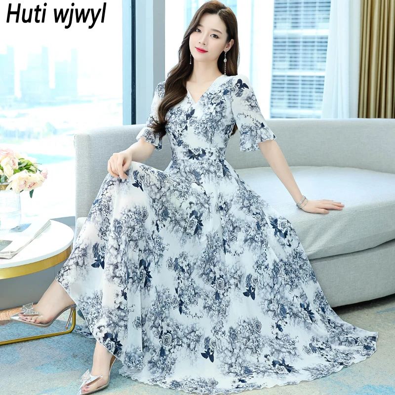 

Женское шифоновое платье-макси с цветочным принтом, розовое винтажное платье с расклешенным рукавом, элегантный повседневный пляжный сарафан в стиле бохо для вечерние, лето 2023