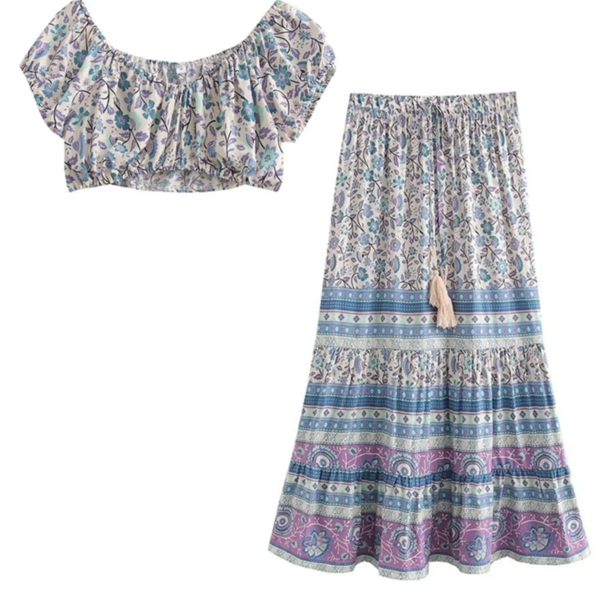 

Юбка-миди с кисточками и шнурком, на резинке, в стиле бохо, с белыми и синими цветами, укороченный топ с вырезом-лодочкой на плечах, летняя майка, 2023