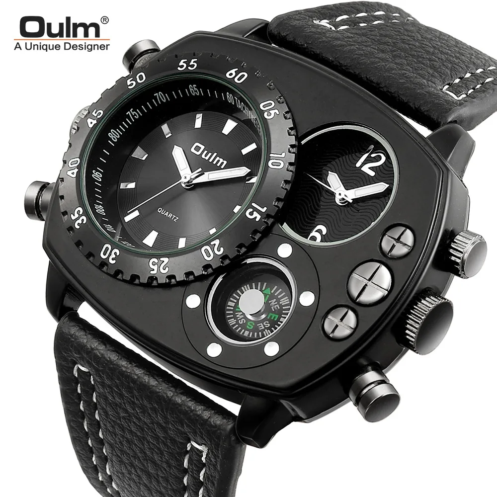 

Oulm Big Watch Two Time Zone Men's Wristwatches Luxury Brand Genuine Leather Strap Sport Watch Male Quartz Clock Man Hours