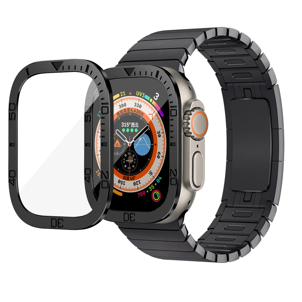 Alloy Dial Bezel Bumper Transparent Cover For Apple Watch Ultra 49mm 9H Tempered Glass Metal Screen Protector HD Full Film