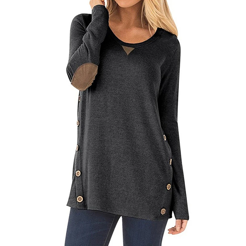

Button O Neck Long Sleeved Tunic T-Shirt Women Clothing Solid Color Loose Casaul Long Pullovers Tops Tee Shirt Femme