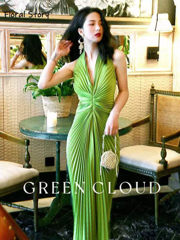 Женское облегающее Платье макси с рукавами-фонариками однотонное зеленое