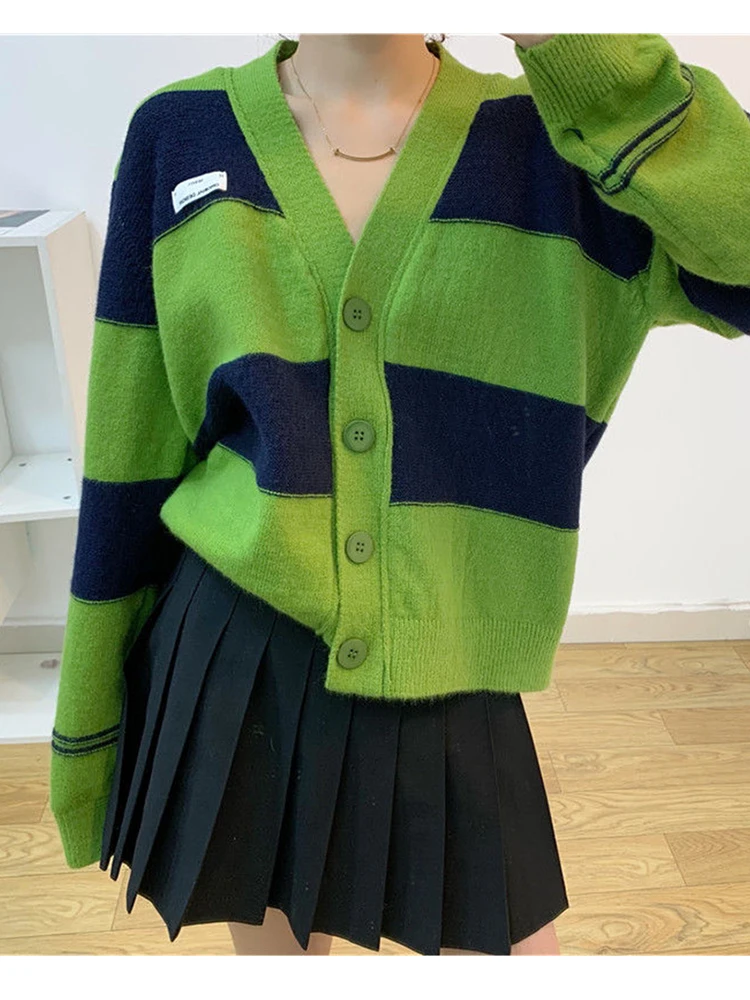 

Striped Sweater Cardigan Women Winter Ladies V Neck Top Long Sleeve Female Single Breasted Outer Loose Casual Coat Pull Femme