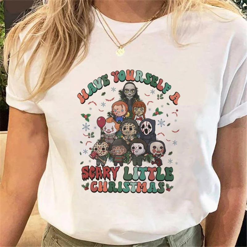 

White Funny Letter Print 2023 New Year Versatile Women's T-shirt Fashion Christmas Short Sleeve Kawaii Loose Women's T-shirt.