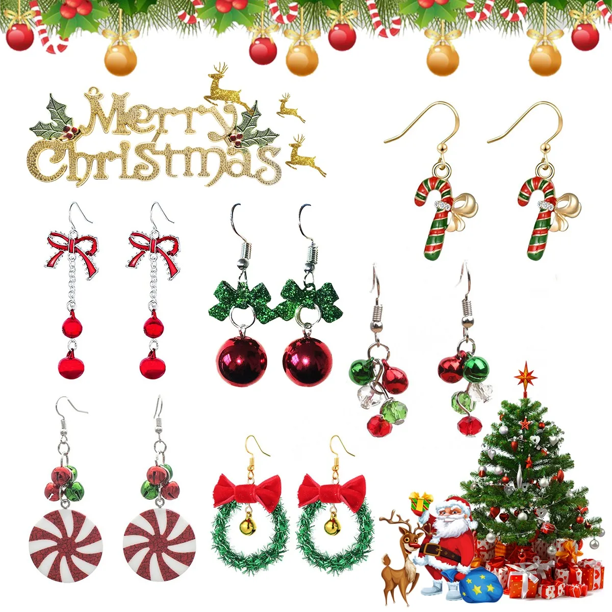 

Merry Christmas Earrings Santa Claus Deer Tree Bell Candy Cane Snowman Snowflake Earrings New Year Jewelry Gifts