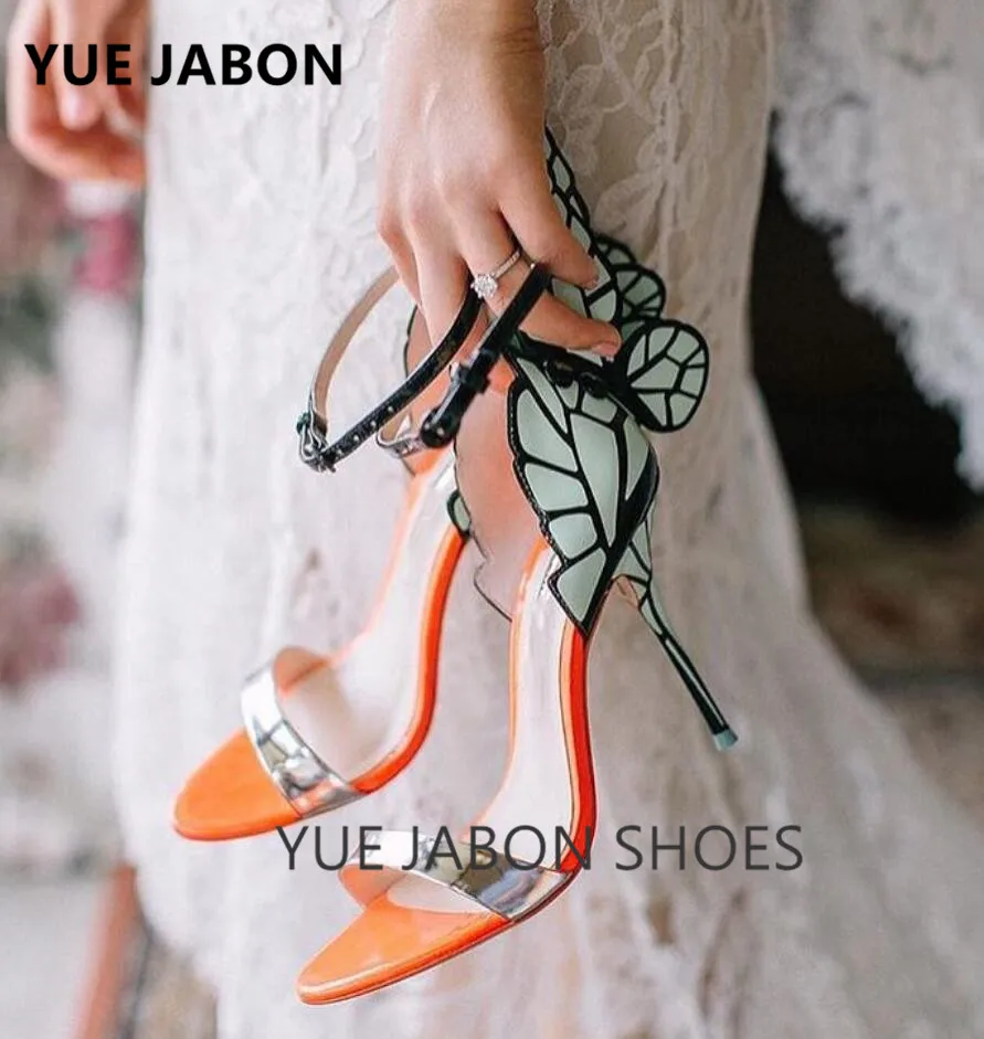 

Size34-42 metallic embroidered leather sandals angel wings pumps party dress bridal shoes butterfly ankle wrap high heels sandal