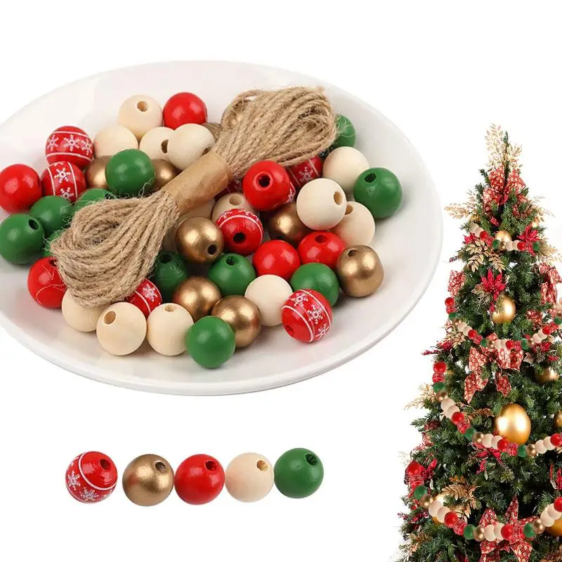 

200PCS Christmas Wooden Beads Christmas Snowflake Wood Beads Candy Cane Colorful Round Beads With Hole Christmas Crafts