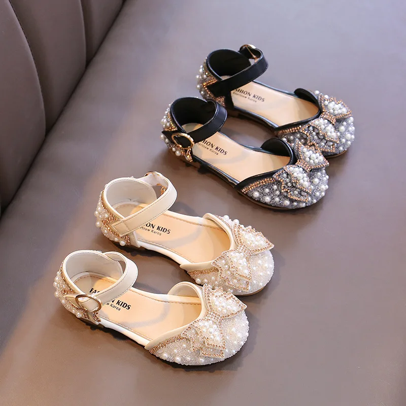 Girls' Rhinestone Shoes Crystal Flats Korean Princess Bow-knot Dress Shoes Sweet for Party Chic Toes-capped Kids Shoes Fashion