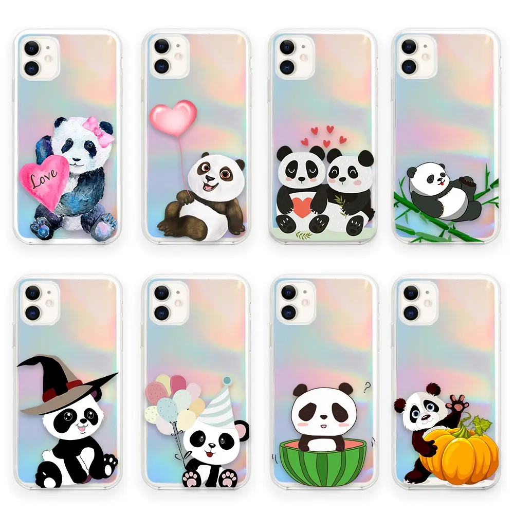 

Laser dazzle Transparent Funda Coques Case for iPhone 11 12 13 14 Pro 7 8 SE XR XS Max 6 6s Plus Capa Cute Cartoon Giant Panda