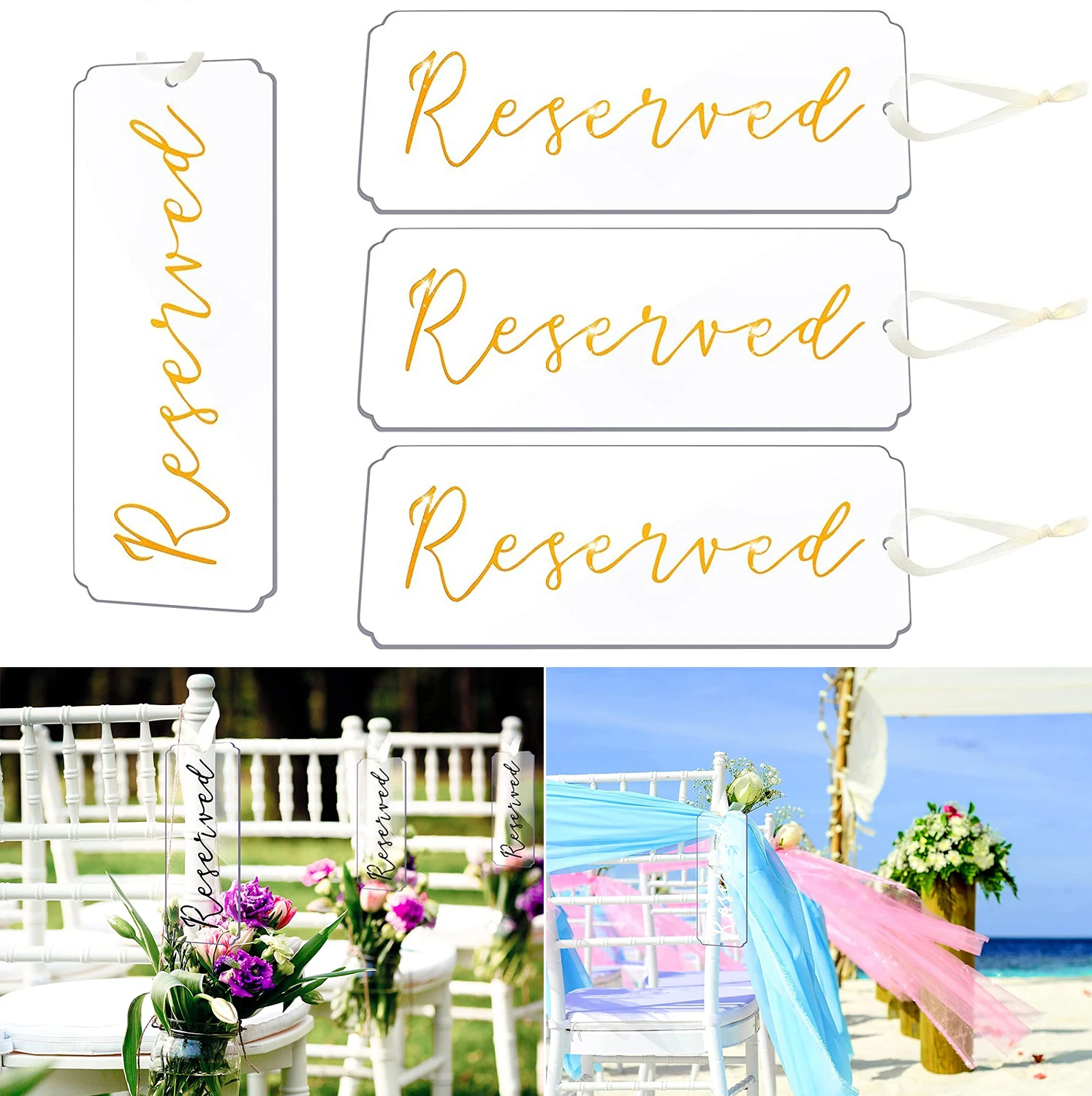 Etiqueta en blanco de acrílico transparente para silla de boda, placa colgante con cinta para fiesta, evento, iglesia, Pew, silla y restaurante