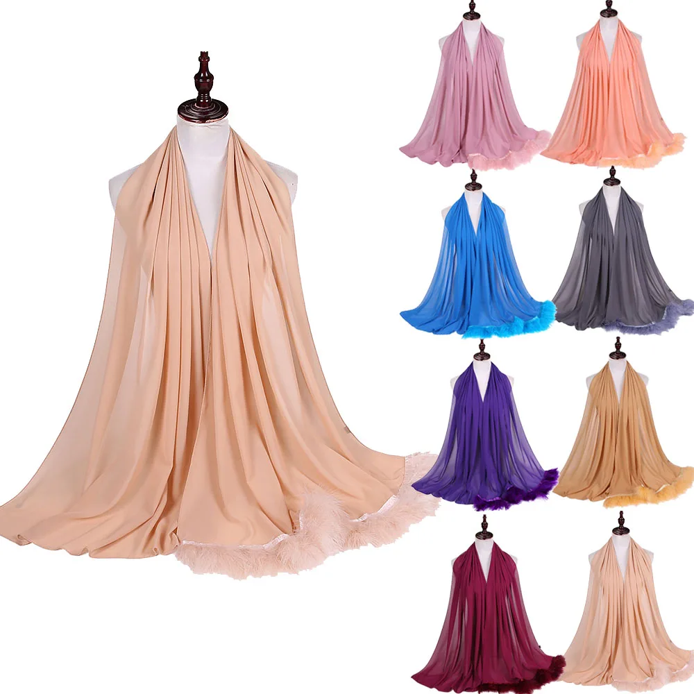 

Новинка 2022, женская шифоновая головная повязка с искусственными перьями, однотонные шарфы, 175x70 см