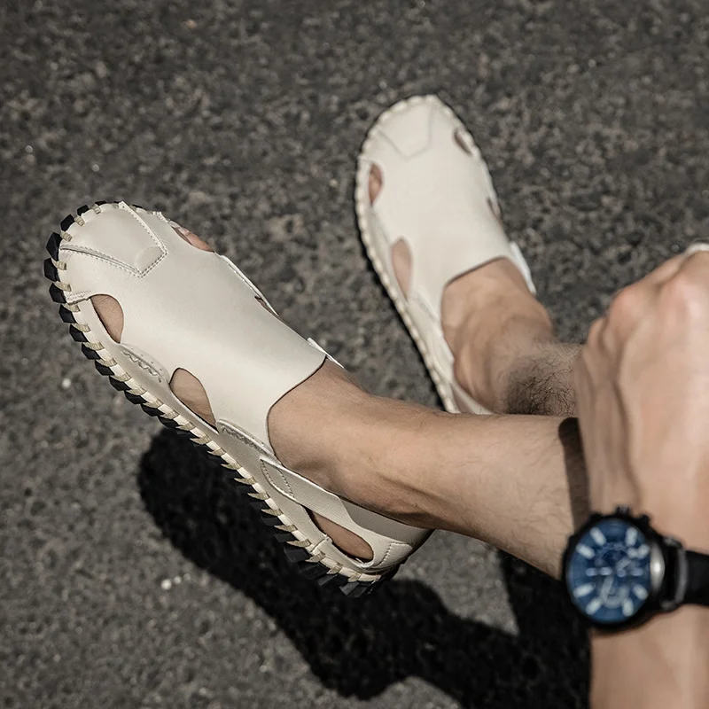 Summer Men Sandals Handmade Artificial Leather Clogs Man Beach Slippers Flat Shoes Plus Size 38-48