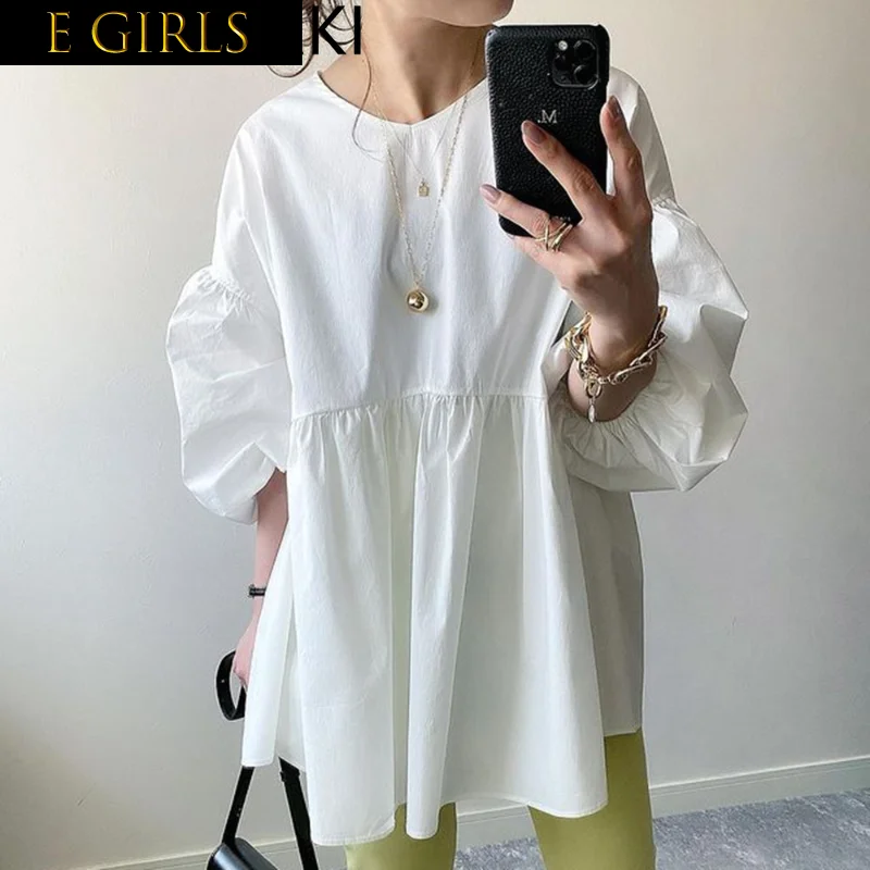 

E GIRLS Simple O Neck Lantern Sleeve Blouse Women Spring Summer 2023 New All Match Vintage Shirts Japan Style Chic Elegant Blusa