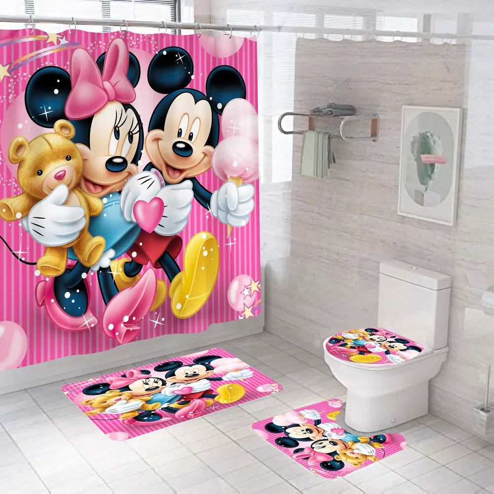 

Disney Mickey Minnie Mouse Shower Curtain Carpet Black and White Toilet Cover Bath Mat Rug Pad Set Bathroom Curtain Hooks