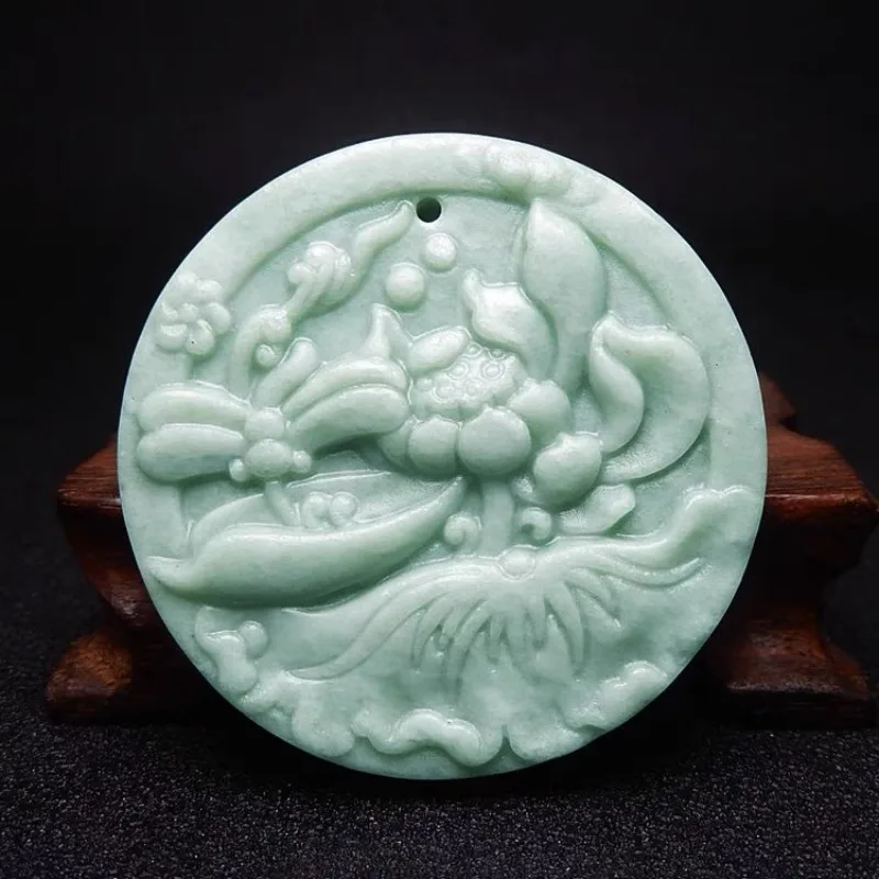 Ожерелье с натуральным зеленым лотосом ручная работа нефритовый кулон резьбой