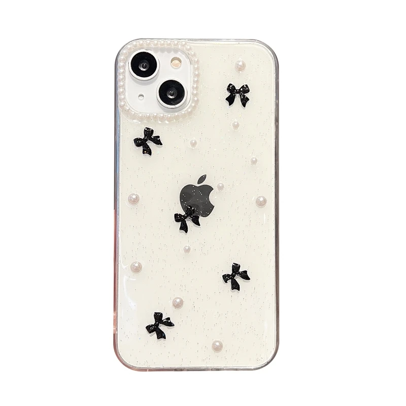 Korean INS Girl Bow Pearl Epoxy Phone Case For Apple For iPhone 13 12 11 Pro Max XR X XS Max 7 8 Plus SE 2 Glitter Clear Cover images - 6