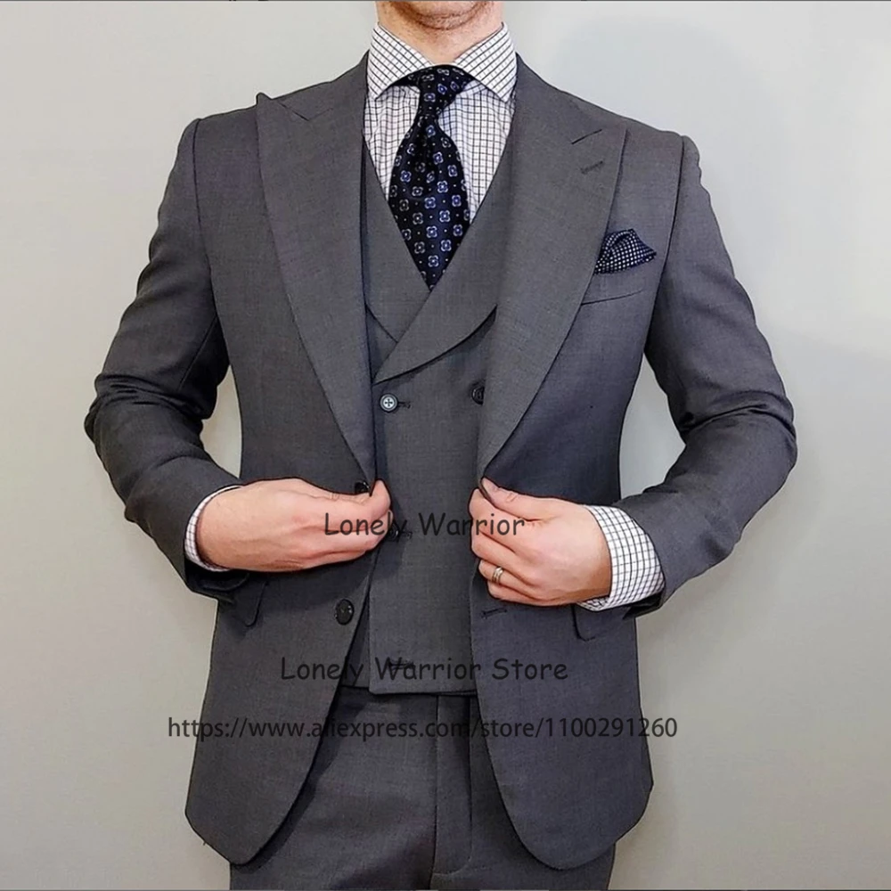 

Модные темно-серые мужские костюмы, деловой Блейзер, облегающий свадебный смокинг для жениха, банкетный комплект из 3 предметов, мужской пиджак, жилет и брюки