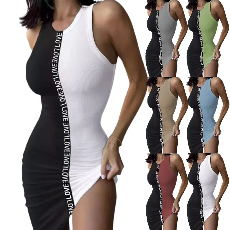 

Women's alphabet PRINT MINI irregular matching dress collar sleeveless middle waist thin hip pencil skirt women's dress 2022