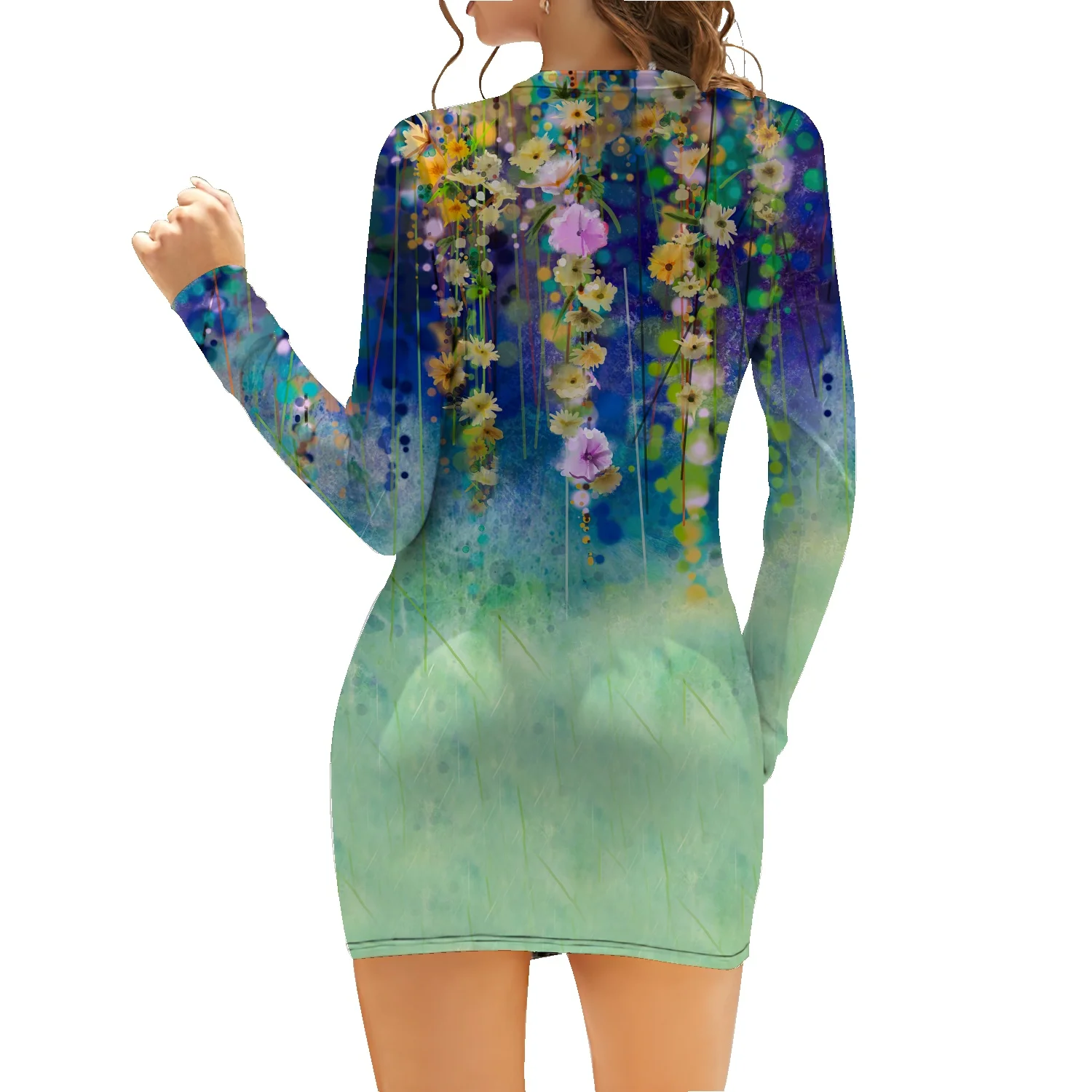 

Summer Butterfly Flower 3D Print Fashion Casual Dress women Standing Collar Zipper Slim Long Sleeve Hip Dress Sport Sexy Dress