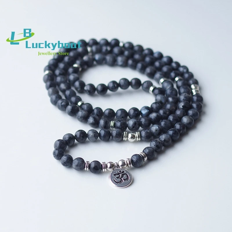 

108 mala Labradorite with Lotus OM Buddha Charm Yoga Bracelet or Necklace Natural Stone Jewelry for Women Men