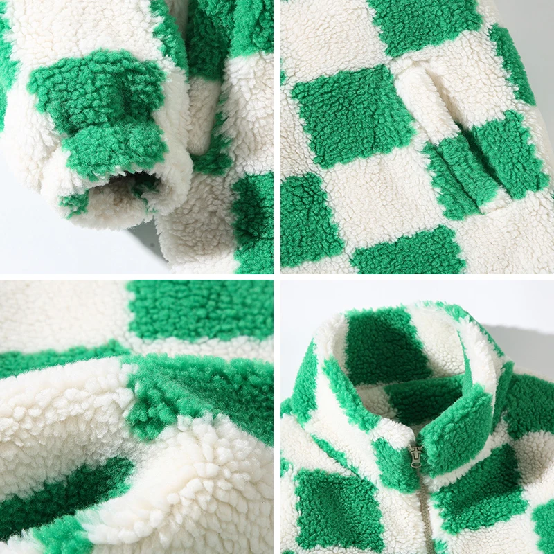 Checkerboard Grid Pattern Fleece Jackets for Men Winter Fashion Trends Padded Clothes Teenage Plus Size Streetwear Casual Coats