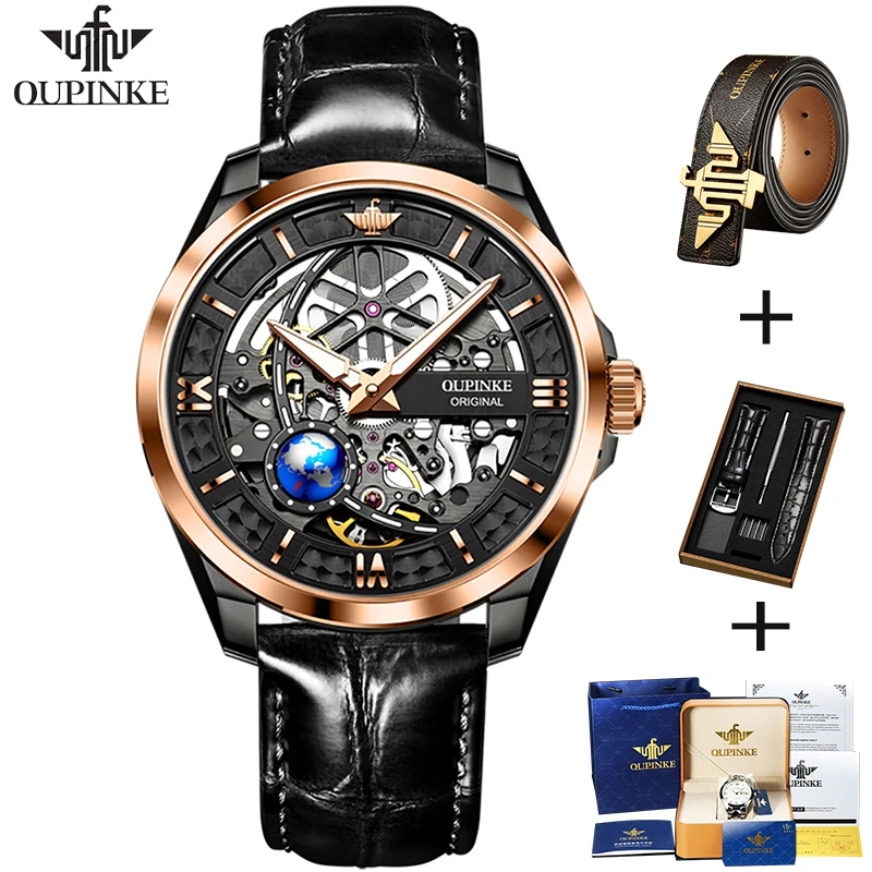 

Часы-скелетоны OUPINKE Мужские механические, автоматические светящиеся водонепроницаемые спортивные модные с сапфировым стеклом и кожаным ремешком