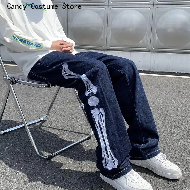 Male Vintage Blue Denim Pants Jeans Men Skeleton Baggy Casual Jean Pants Mens Japan Style Streetwear Wide Leg Denim Trousers