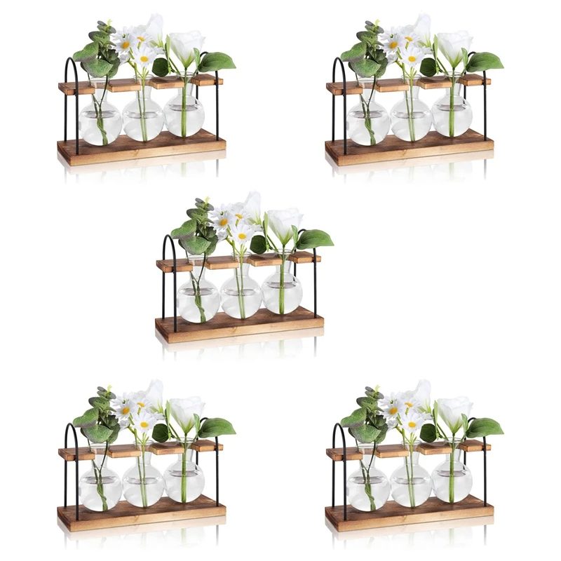 

5X Plant Propagation Station With Wooden Stand,Plant Terrarium Desktop Propagation Stations,Air Planter Bulb Glass Vase
